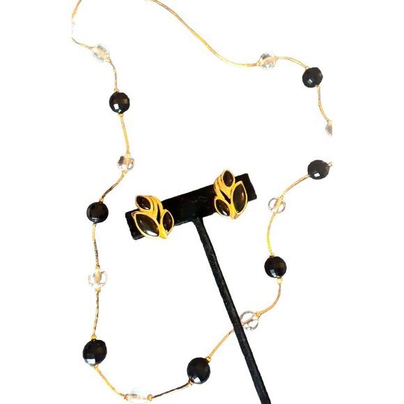 Trifari Set VTG 2 Necklaces PLUS Black Enamel Gold Clip Earrings Work Perfect - Picture 6 of 13